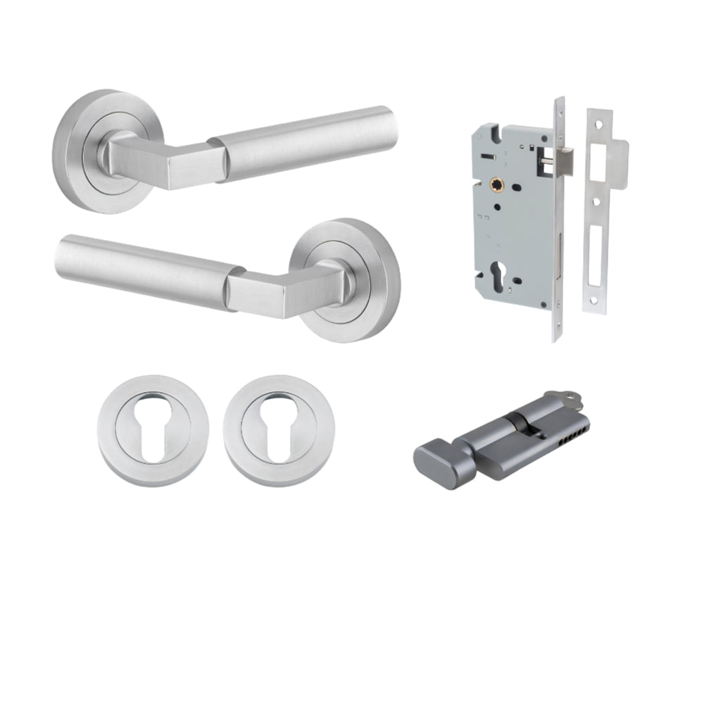 Door Lever Berlin Rose Round Pair Brushed Chrome L120xP60mm BPD52mm, Mortice Lock Euro Brushed Chrome CTC85mm Backset 60mm, Euro Cylinder Key Thumb 5 Pin Brushed Chrome 65mm KA4, Escutcheon Euro Concealed Fix Round Pair Brushed Chrome D52xP10mm in Brushed