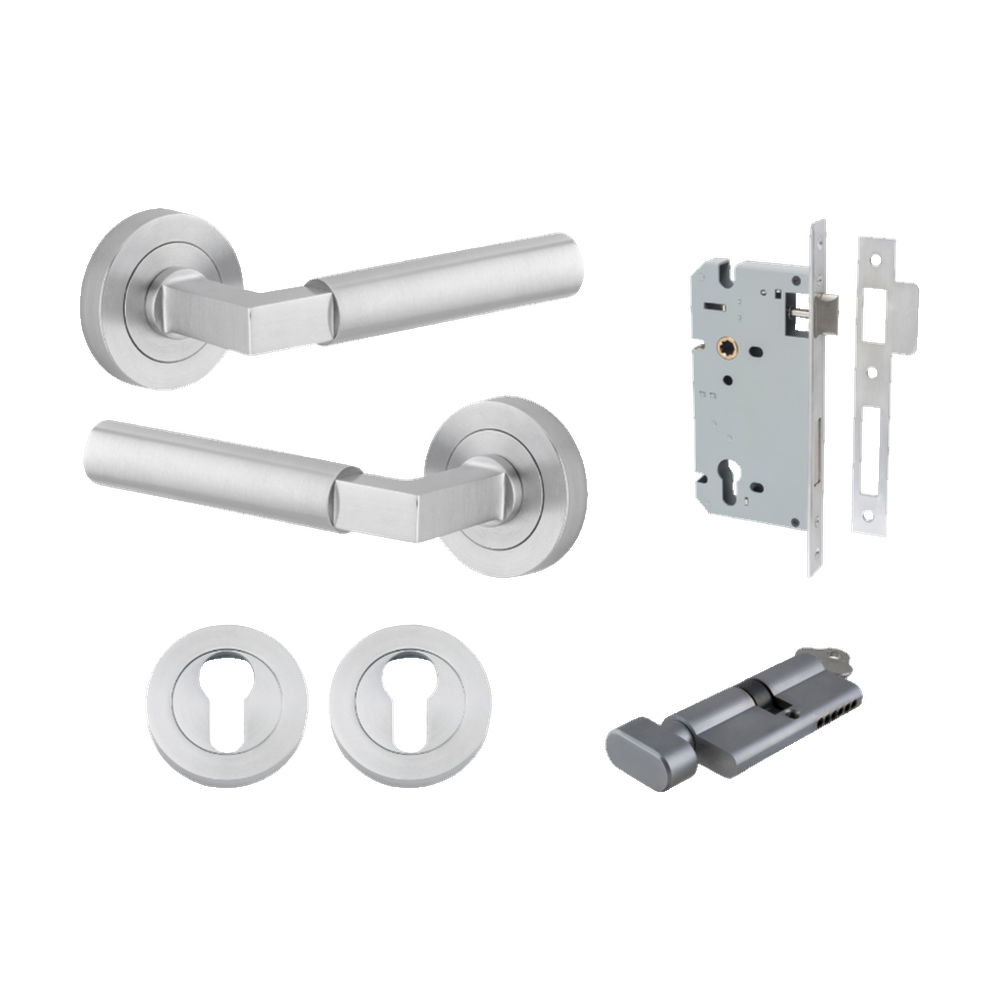 Door Lever Berlin Rose Round Pair Brushed Chrome L120xP60mm BPD52mm, Mortice Lock Euro Brushed Chrome CTC85mm Backset 60mm, Euro Cylinder Key Thumb 5 Pin Brushed Chrome 65mm KA4, Escutcheon Euro Concealed Fix Round Pair Brushed Chrome D52xP10mm in Brushed Chrome