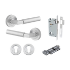 Door Lever Berlin Rose Round Pair Brushed Chrome L120xP60mm BPD52mm, Mortice Lock Euro Brushed Chrome CTC85mm Backset 60mm, Euro Cylinder Key Thumb 5 Pin Brushed Chrome 65mm KA4, Escutcheon Euro Concealed Fix Round Pair Brushed Chrome D52xP10mm in Brushed Chrome