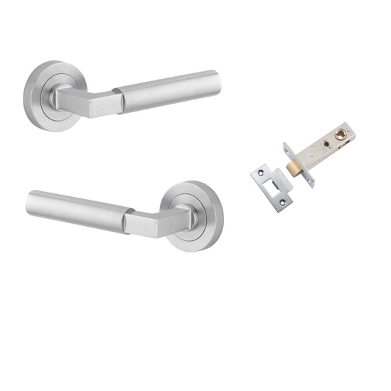 Door Lever Berlin Rose Round Brushed Chrome L120xP60mm BPD52mm Passage Kit, Tube Latch Split Cam 'T' Striker Brushed Chrome Backset 60mm in Brushed Chrome