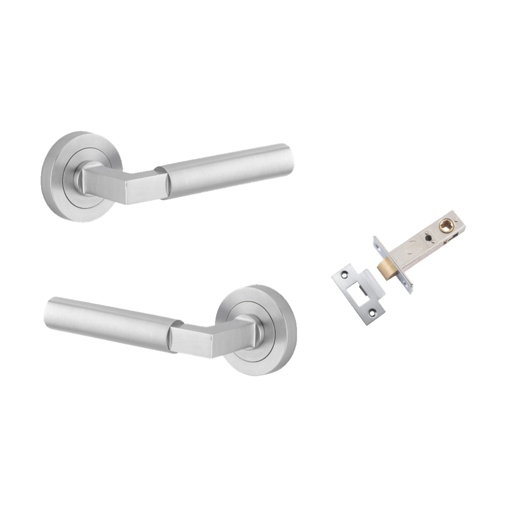 Door Lever Berlin Rose Round Brushed Chrome L120xP60mm BPD52mm Passage Kit, Tube Latch Split Cam 'T' Striker Brushed Chrome Backset 60mm in Brushed Chrome