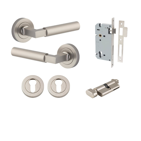 Door Lever Berlin Rose Round Pair Satin Nickel L120xP60mm BPD52mm, Mortice Lock Euro Satin Nickel CTC85mm Backset 60mm, Euro Cylinder Key Thumb 5 Pin Satin Nickel 65mm KA4, Escutcheon Euro Concealed Fix Round Pair Satin Nickel D52xP10mm in Satin Nickel