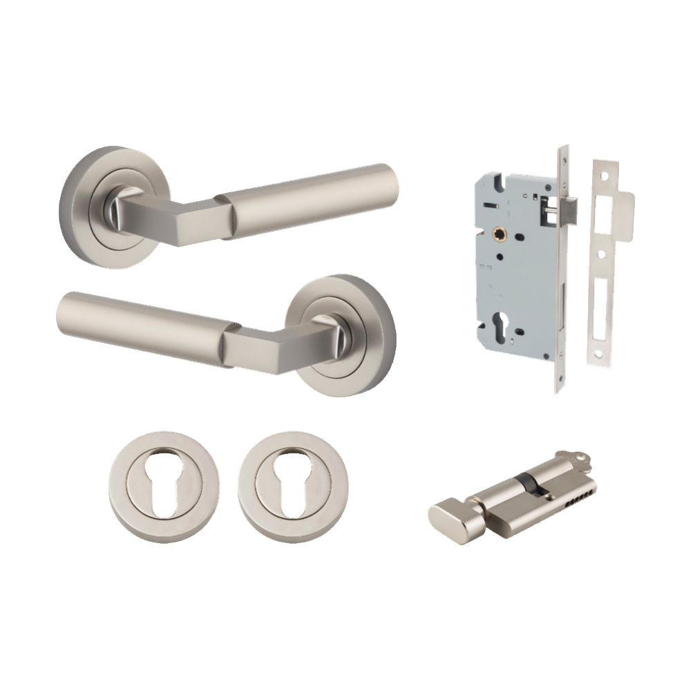 Door Lever Berlin Rose Round Pair Satin Nickel L120xP60mm BPD52mm, Mortice Lock Euro Satin Nickel CTC85mm Backset 60mm, Euro Cylinder Key Thumb 5 Pin Satin Nickel 65mm KA4, Escutcheon Euro Concealed Fix Round Pair Satin Nickel D52xP10mm in Satin Nickel
