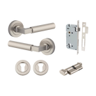 Door Lever Berlin Rose Round Pair Satin Nickel L120xP60mm BPD52mm, Mortice Lock Euro Satin Nickel CTC85mm Backset 60mm, Euro Cylinder Key Thumb 5 Pin Satin Nickel 65mm KA4, Escutcheon Euro Concealed Fix Round Pair Satin Nickel D52xP10mm in Satin Nickel