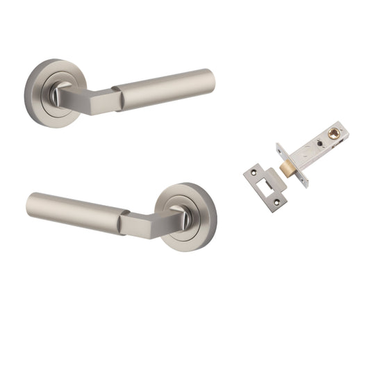 Door Lever Berlin Rose Round Satin Nickel L120xP60mm BPD52mm Passage Kit, Tube Latch Split Cam 'T' Striker Satin Nickel Backset 60mm in Satin Nickel