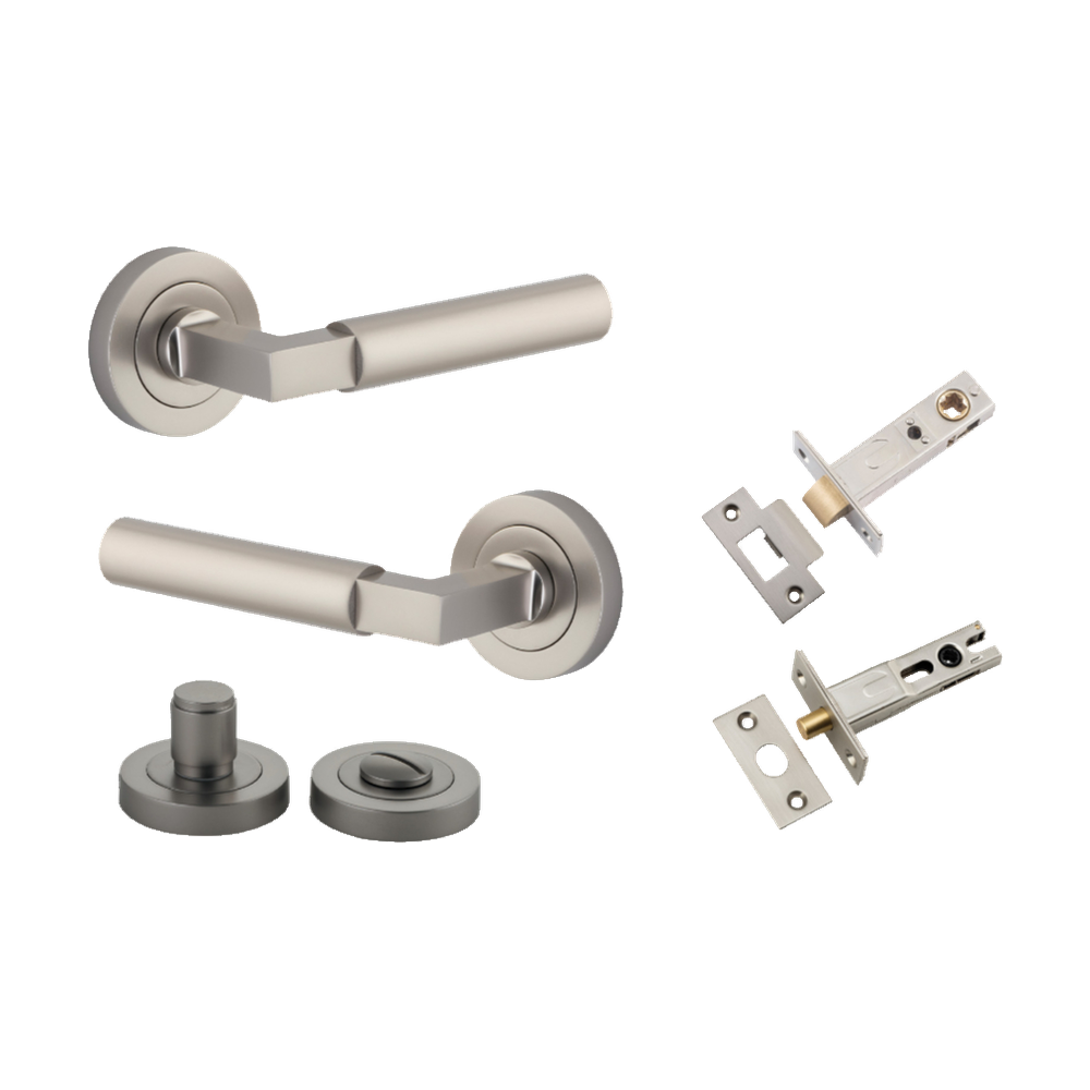 Door Lever Berlin Rose Round Satin Nickel L120xP60mm BPD52mm Privacy Kit, Tube Latch Split Cam 'T' Striker Satin Nickel Backset 60mm, Privacy Bolt Round Bolt Satin Nickel Backset 60mm, Privacy Turn Berlin Concealed Fix Round Satin Nickel D52xP35mm in Satin Nickel