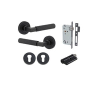 Door Lever Brunswick Rose Round Pair Matt Black L120xP60mm BPD52mm Mortice Lock Euro Matt Black CTC85mm Backset 60mm Euro Cylinder Dual Function 5 Pin Matt Black 65mm KA4 Escutcheon Euro Concealed Fix Round Pair Matt Black D52xP10mm in Matt Black