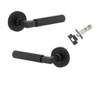 Door Lever Brunswick Knurled Rose Round Matt Black L120xP60mm BPD52mm Passage Kit, Tube Latch Split Cam 'T' Striker Matt Black Backset 60mm in Matt Black