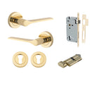 Door Lever Como Rose Round Pair Polished Brass L119xP62mm BPD52mm, Mortice Lock Euro Polished Brass CTC85mm Backset 60mm, Euro Cylinder Key Thumb 5 Pin Polished Brass 65mm KA4, Escutcheon Euro Concealed Fix Round Pair Polished Brass D52xP10mm in Polished