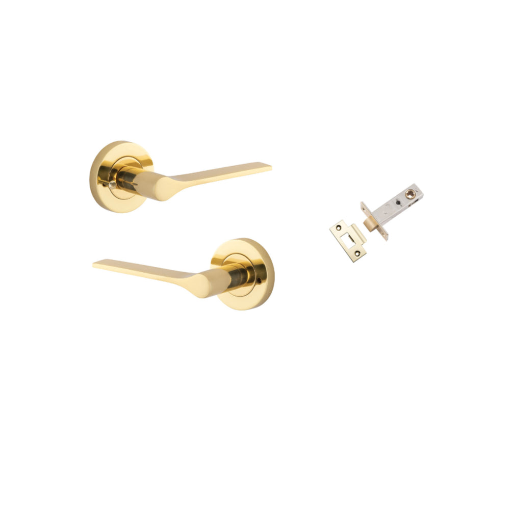 Door Lever Como Rose Round Polished Brass L119xP62mm BPD52mm Inbuilt Privacy Kit, Tube Latch Privacy with Faceplate & T striker Backset 60mm in Polished Brass