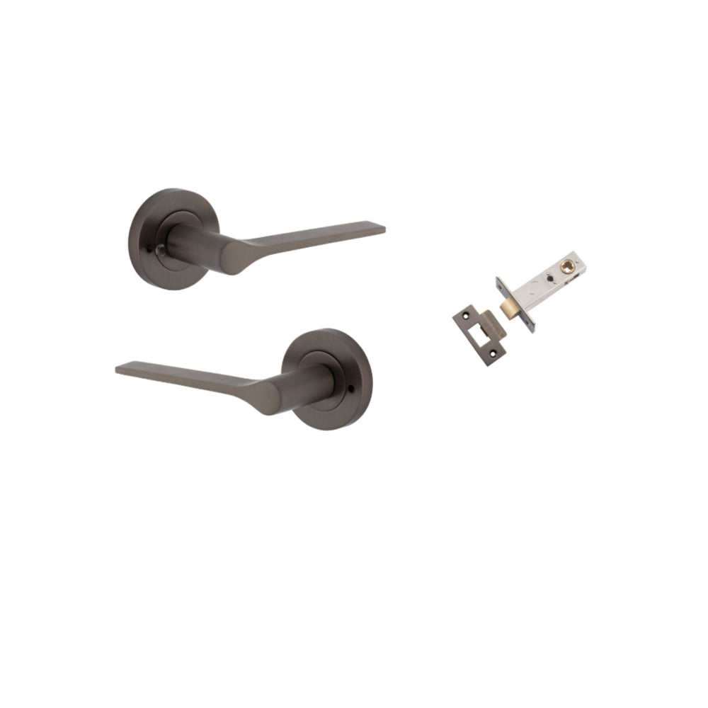 Door Lever Como Rose Round Signature Brass L119xP62mm BPD52mm Inbuilt Privacy Kit, Tube Latch Privacy with Faceplate & T striker Backset 60mm in Signature Brass