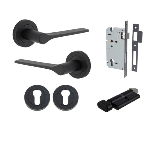 Door Lever Como Rose Round Pair Matt Black L119xP62mm BPD52mm, Mortice Lock Euro Matt Black CTC85mm Backset 60mm, Euro Cylinder Key Thumb 5 Pin Matt Black 65mm KA4, Escutcheon Euro Concealed Fix Round Pair Matt Black D52xP10mm in Matt Black