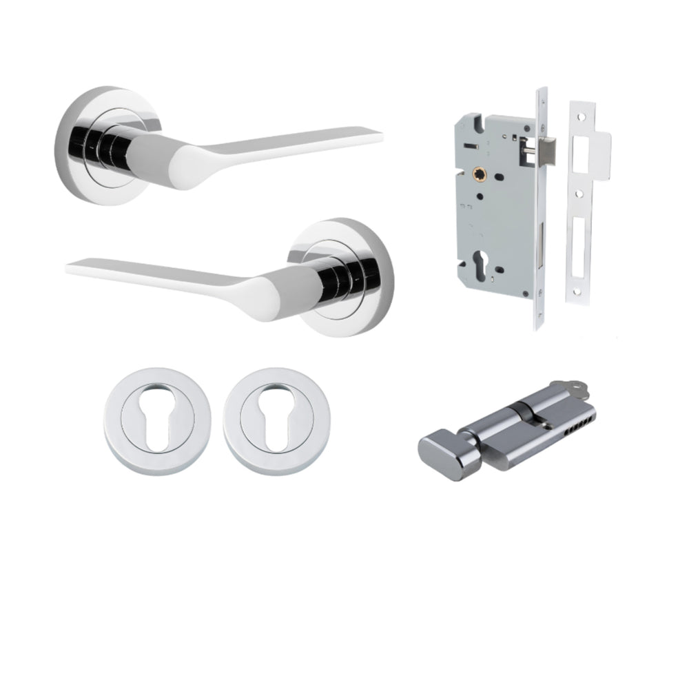 Door Lever Como Rose Round Pair Polished Chrome L119xP62mm BPD52mm, Mortice Lock Euro Polished Chrome CTC85mm Backset 60mm, Euro Cylinder Key Thumb 5 Pin Polished Chrome 65mm KA4, Escutcheon Euro Concealed Fix Round Pair Polished Chrome D52xP10mm in Polis