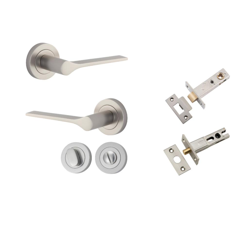 Door Lever Como Rose Round Satin Nickel L119xP62mm BPD52mm Privacy Kit, Tube Latch Split Cam 'T' Striker Satin Nickel Backset 60mm, Privacy Bolt Round Bolt Satin Nickel Backset 60mm, Privacy Turn Oval Concealed Fix Round Satin Nickel D52xP23mm in Satin Ni