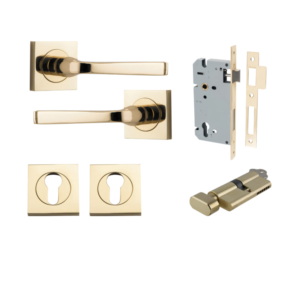 Door Lever Annecy Square Rose Pair Polished Brass H52xW52xP65mm Entrance Kit, Mortice Lock Euro Polished Brass CTC85mm Backset 60mm, Euro Cylinder Key Thumb 6 Pin Polished Brass L70mm KA1, Escutcheon Euro Concealed Fix Square Pair Polished Brass H… in Pol