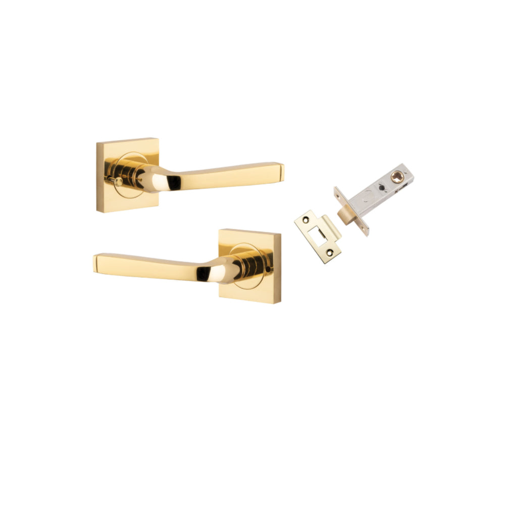 Door Lever Annecy Square Rose Inbuilt Privacy Pair Polished Brass H52xW52xP65mm with Tube Latch Privacy with Faceplate & T Striker Backset 60mm in Polished Brass