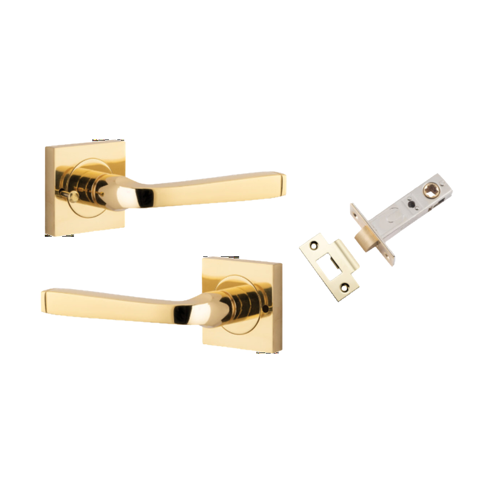 Door Lever Annecy Square Rose Inbuilt Privacy Pair Polished Brass H52xW52xP65mm with Tube Latch Privacy with Faceplate & T Striker Backset 60mm in Polished Brass