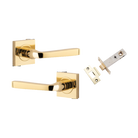 Door Lever Annecy Square Rose Inbuilt Privacy Pair Polished Brass H52xW52xP65mm with Tube Latch Privacy with Faceplate & T Striker Backset 60mm in Polished Brass