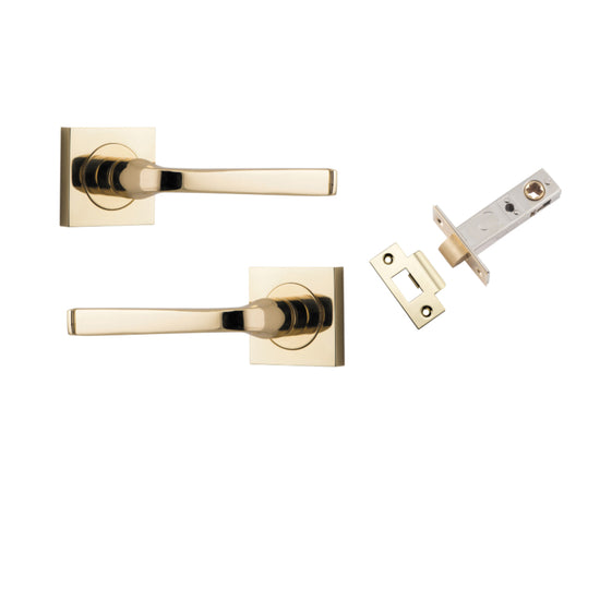 Door Lever Annecy Square Rose Pair Polished Brass H52xW52xP65mm Passage Kit, Tube Latch Split Cam 'T' Striker Polished Brass Backset 60mm in Polished Brass