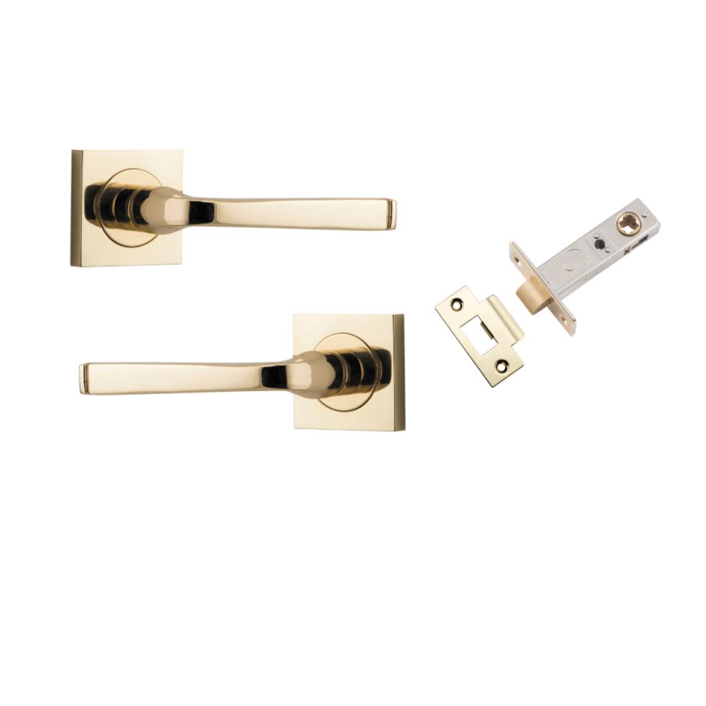 Door Lever Annecy Square Rose Pair Polished Brass H52xW52xP65mm Passage Kit, Tube Latch Split Cam 'T' Striker Polished Brass Backset 60mm in Polished Brass