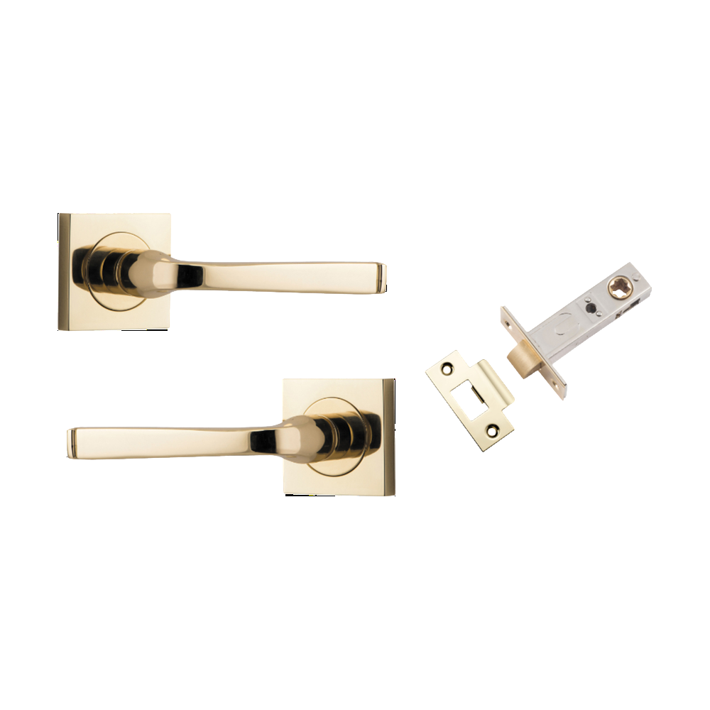 Door Lever Annecy Square Rose Pair Polished Brass H52xW52xP65mm Passage Kit, Tube Latch Split Cam 'T' Striker Polished Brass Backset 60mm in Polished Brass