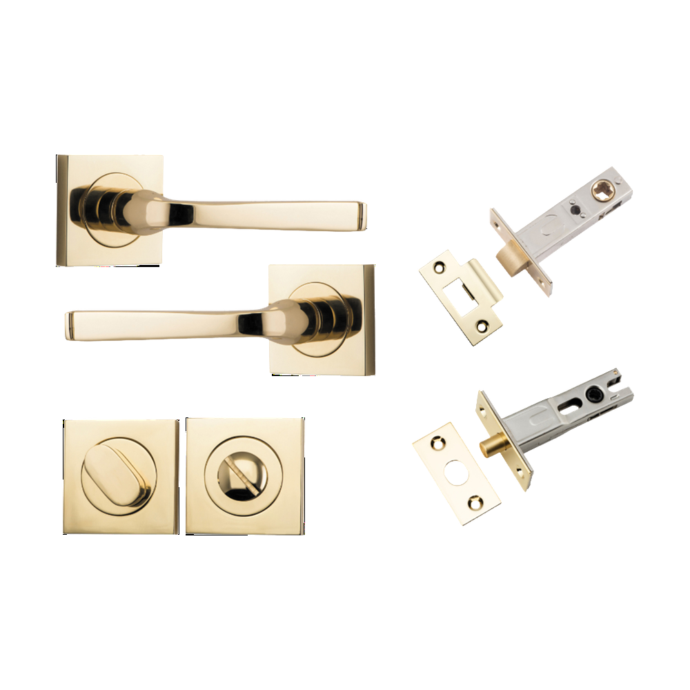Door Lever Annecy Square Rose Pair Polished Brass H52xW52xP65mm Privacy Kit, Tube Latch Split Cam 'T' Striker Polished Brass Backset 60mm, Privacy Bolt Round Bolt Polished Brass Backset 60mm, Privacy Turn Oval Concealed Fix Square Polished Brass H… in Polished Brass