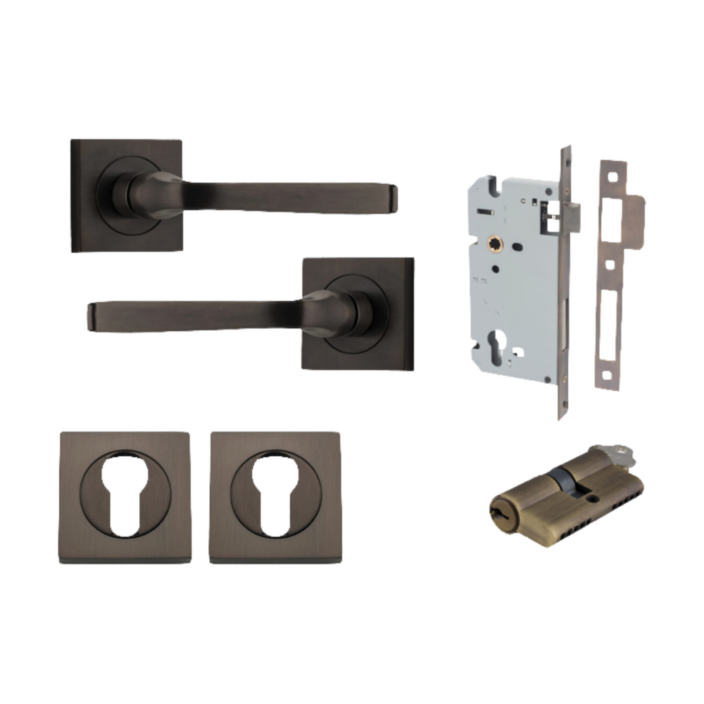 Door Lever Annecy Square Rose Pair Signature Brass H52xW52xP65mm Entrance Kit, Mortice Lock Euro Signature Brass CTC85mm Backset 60mm, Euro Cylinder Dual Function 5 Pin Signature Brass L65mm KA1, Escutcheon Euro Concealed Fix Square Pair Signature … in Signature Brass