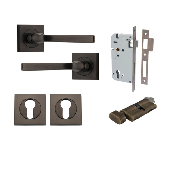 Door Lever Annecy Square Rose Pair Signature Brass H52xW52xP65mm Entrance Kit, Mortice Lock Euro Signature Brass CTC85mm Backset 60mm, Euro Cylinder Key Thumb 6 Pin Signature Brass L70mm KA1, Escutcheon Euro Concealed Fix Square Pair Signature Bra… in Sig
