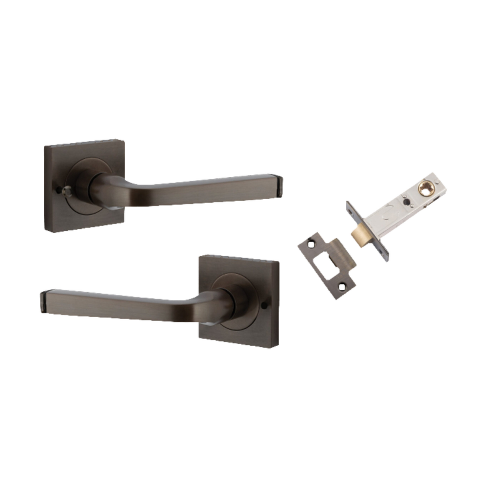 Door Lever Annecy Square Rose Inbuilt Privacy Pair Signature Brass H52xW52xP65mm with Tube Latch Privacy with Faceplate & T Striker Backset 60mm in Signature Brass