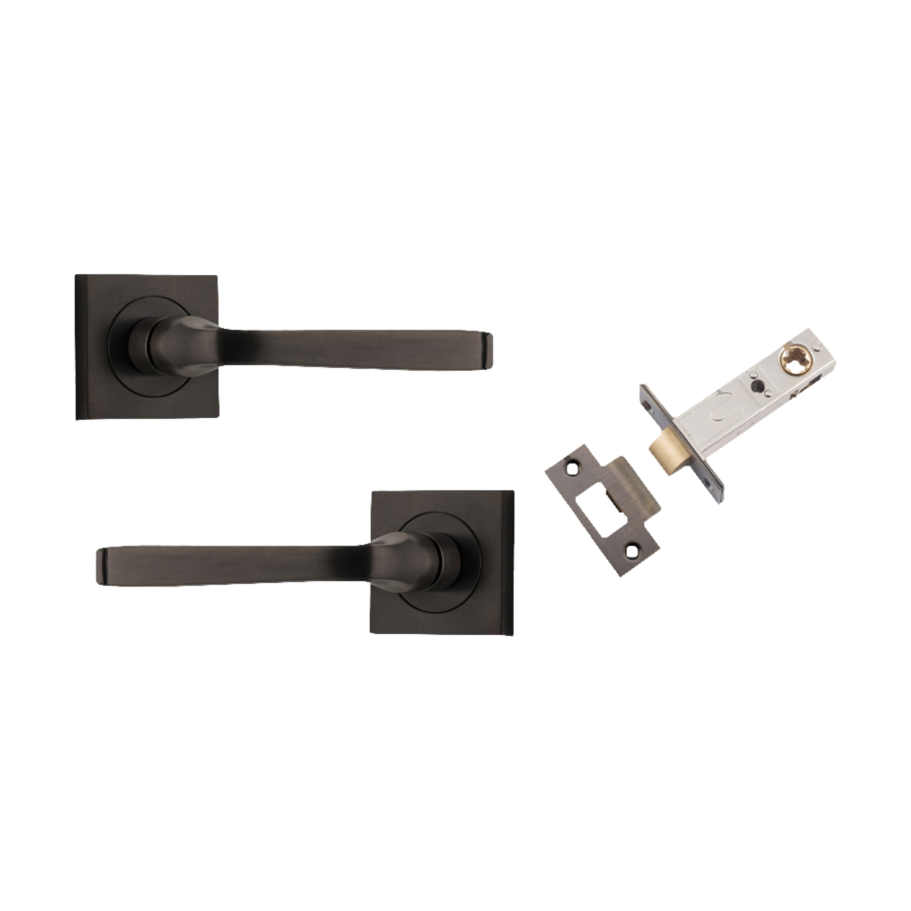 Door Lever Annecy Square Rose Pair Signature Brass H52xW52xP65mm Passage Kit, Tube Latch Split Cam 'T' Striker Signature Brass Backset 60mm in Signature Brass