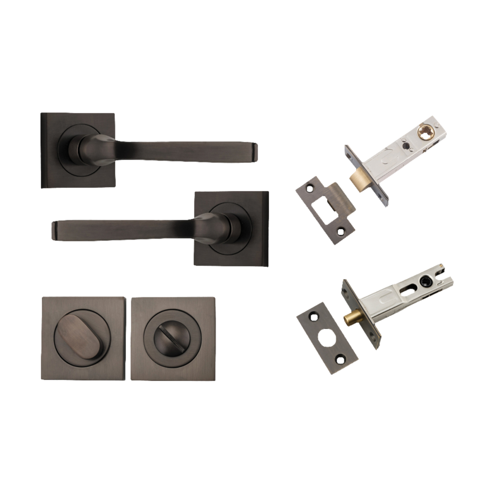 Door Lever Annecy Square Rose Pair Signature Brass H52xW52xP65mm Privacy Kit, Tube Latch Split Cam 'T' Striker Signature Brass Backset 60mm, Privacy Bolt Round Bolt Signature Brass Backset 60mm, Privacy Turn Oval Concealed Fix Square Signature Bra… in Signature Brass