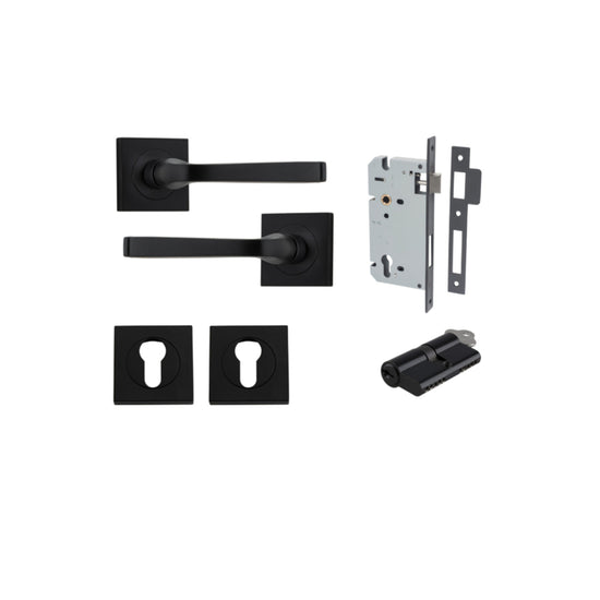 Door Lever Annecy Square Rose Pair Matt Black H52xW52xP65mm Entrance Kit, Mortice Lock Euro Matt Black CTC85mm Backset 60mm, Euro Cylinder Dual Function 5 Pin Matt Black L65mm KA1, Escutcheon Euro Concealed Fix Square Pair Matt Black H52xW52xP10mm in Matt