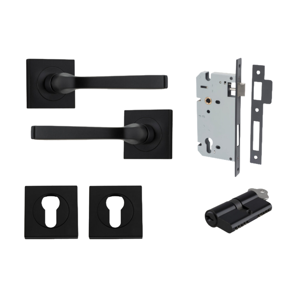 Door Lever Annecy Square Rose Pair Matt Black H52xW52xP65mm Entrance Kit, Mortice Lock Euro Matt Black CTC85mm Backset 60mm, Euro Cylinder Dual Function 5 Pin Matt Black L65mm KA1, Escutcheon Euro Concealed Fix Square Pair Matt Black H52xW52xP10mm in Matt Black