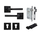 Door Lever Annecy Square Rose Pair Matt Black H52xW52xP65mm Entrance Kit, Mortice Lock Euro Matt Black CTC85mm Backset 60mm, Euro Cylinder Key Thumb 6 Pin Matt Black L70mm KA1, Escutcheon Euro Concealed Fix Square Pair Matt Black H52xW52xP10mm in Matt Black