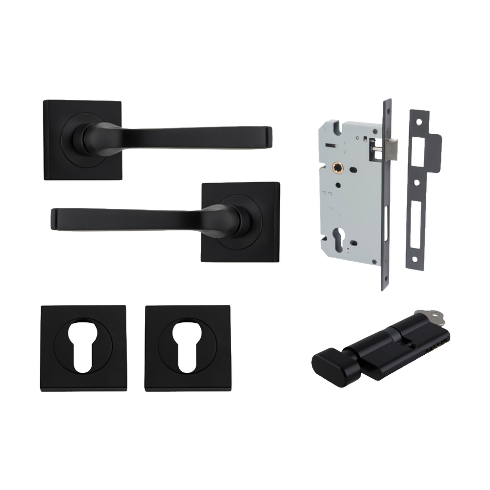Door Lever Annecy Square Rose Pair Matt Black H52xW52xP65mm Entrance Kit, Mortice Lock Euro Matt Black CTC85mm Backset 60mm, Euro Cylinder Key Thumb 6 Pin Matt Black L70mm KA1, Escutcheon Euro Concealed Fix Square Pair Matt Black H52xW52xP10mm in Matt Black
