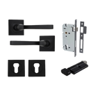 Door Lever Annecy Square Rose Pair Matt Black H52xW52xP65mm Entrance Kit, Mortice Lock Euro Matt Black CTC85mm Backset 60mm, Euro Cylinder Key Thumb 6 Pin Matt Black L70mm KA1, Escutcheon Euro Concealed Fix Square Pair Matt Black H52xW52xP10mm in Matt Black
