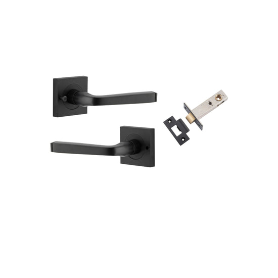 Door Lever Annecy Square Rose Inbuilt Privacy Pair Matt Black H52xW52xP65mm with Tube Latch Privacy with Faceplate & T Striker Backset 60mm in Matt Black