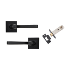 Door Lever Annecy Square Rose Pair Matt Black H52xW52xP65mm Passage Kit, Tube Latch Split Cam 'T' Striker Matt Black Backset 60mm in Matt Black