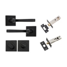 Door Lever Annecy Square Rose Pair Matt Black H52xW52xP65mm Privacy Kit, Tube Latch Split Cam 'T' Striker Matt Black Backset 60mm, Privacy Bolt Round Bolt Matt Black Backset 60mm, Privacy Turn Oval Concealed Fix Square Matt Black H52xW52xP23mm in Matt Black