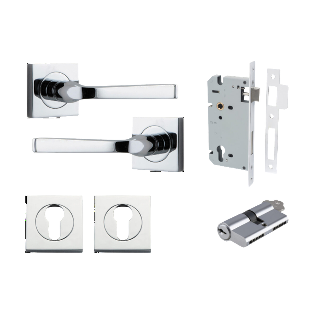 Door Lever Annecy Square Rose Pair Polished Chrome H52xW52xP65mm Entrance Kit, Mortice Lock Euro Polished Chrome CTC85mm Backset 60mm, Euro Cylinder Dual Function 5 Pin Polished Chrome L65mm KA1, Escutcheon Euro Concealed Fix Square Pair Polished … in Polished Chrome