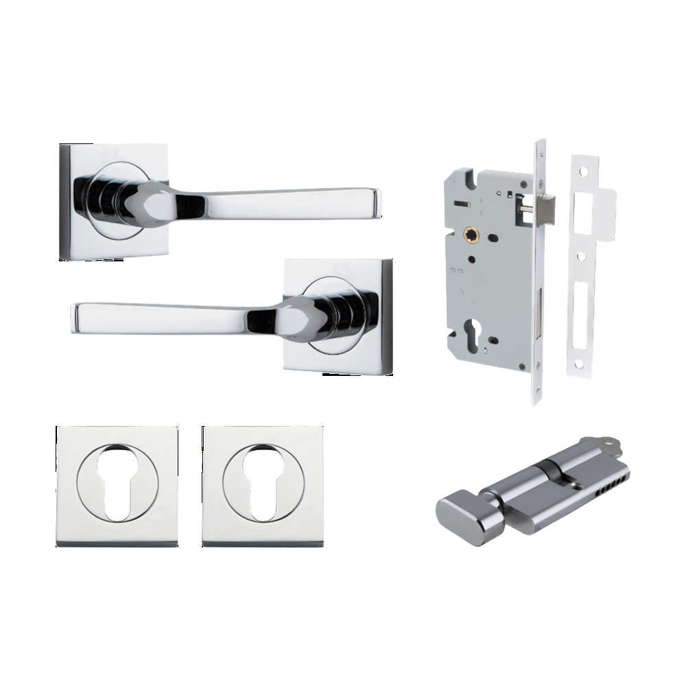 Door Lever Annecy Square Rose Pair Polished Chrome H52xW52xP65mm Entrance Kit, Mortice Lock Euro Polished Chrome CTC85mm Backset 60mm, Euro Cylinder Key Thumb 6 Pin Polished Chrome L70mm KA1, Escutcheon Euro Concealed Fix Square Pair Polished Chro… in Polished Chrome