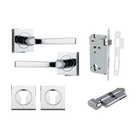 Door Lever Annecy Square Rose Pair Polished Chrome H52xW52xP65mm Entrance Kit, Mortice Lock Euro Polished Chrome CTC85mm Backset 60mm, Euro Cylinder Key Thumb 6 Pin Polished Chrome L70mm KA1, Escutcheon Euro Concealed Fix Square Pair Polished Chro… in Polished Chrome