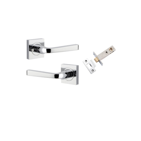 Door Lever Annecy Square Rose Inbuilt Privacy Pair Polished Chrome H52xW52xP65mm with Tube Latch Privacy with Faceplate & T Striker Backset 60mm in Polished Chrome