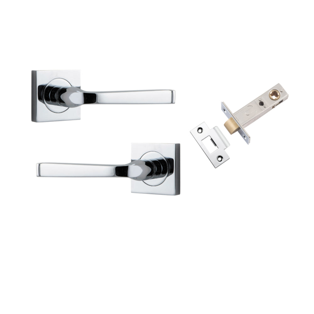 Door Lever Annecy Square Rose Pair Polished Chrome H52xW52xP65mm Passage Kit, Tube Latch Split Cam 'T' Striker Polished Chrome Backset 60mm in Polished Chrome