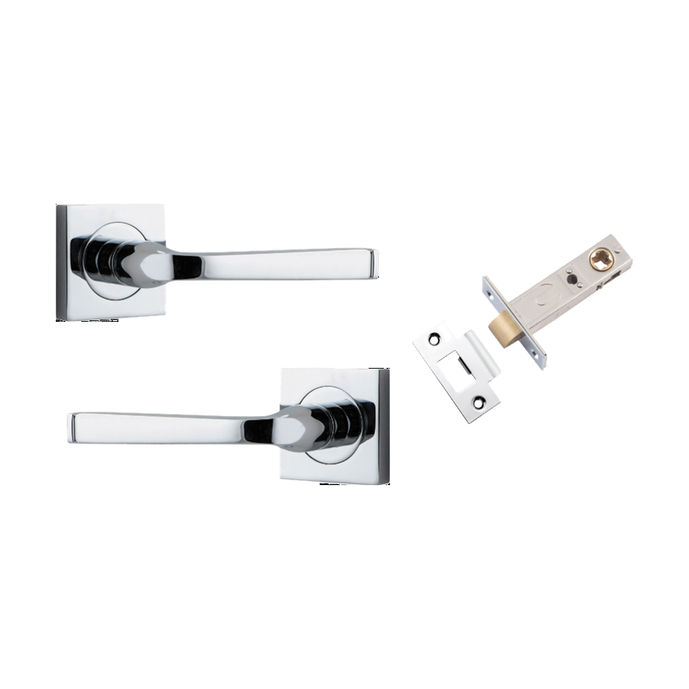 Door Lever Annecy Square Rose Pair Polished Chrome H52xW52xP65mm Passage Kit, Tube Latch Split Cam 'T' Striker Polished Chrome Backset 60mm in Polished Chrome