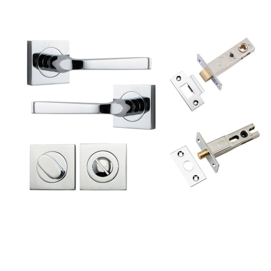 Door Lever Annecy Square Rose Pair Polished Chrome H52xW52xP65mm Privacy Kit, Tube Latch Split Cam 'T' Striker Polished Chrome Backset 60mm, Privacy Bolt Round Bolt Polished Chrome Backset 60mm, Privacy Turn Oval Concealed Fix Square Polished Chro… in Pol