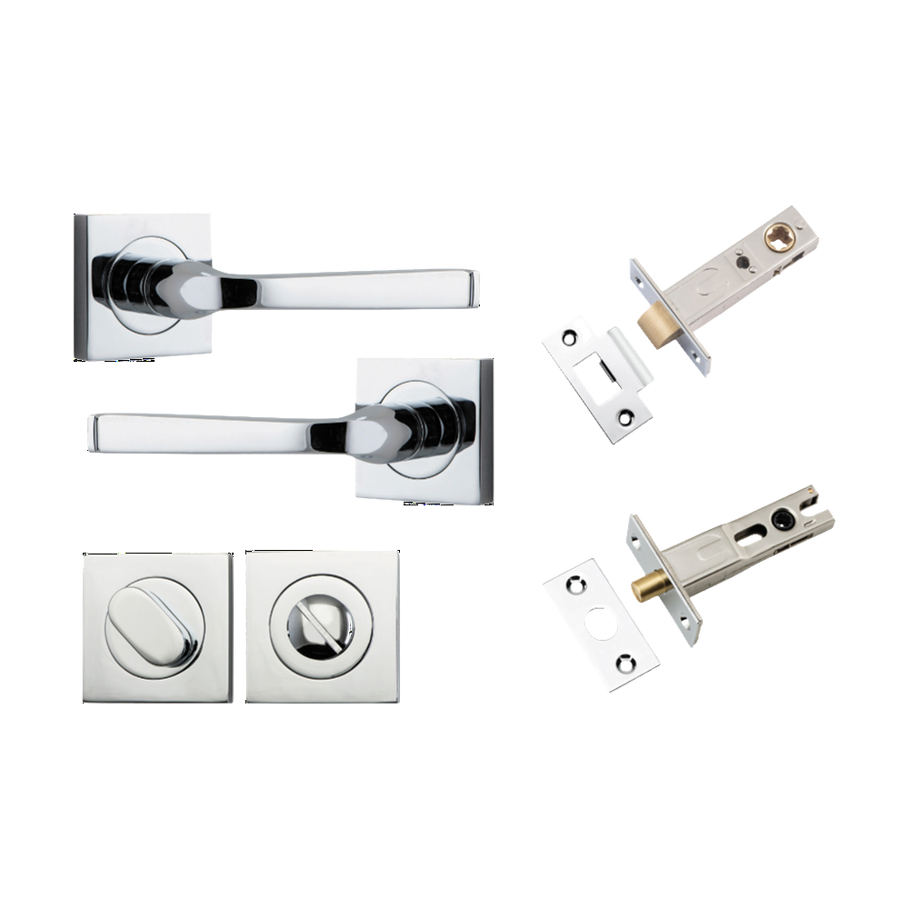 Door Lever Annecy Square Rose Pair Polished Chrome H52xW52xP65mm Privacy Kit, Tube Latch Split Cam 'T' Striker Polished Chrome Backset 60mm, Privacy Bolt Round Bolt Polished Chrome Backset 60mm, Privacy Turn Oval Concealed Fix Square Polished Chro… in Polished Chrome