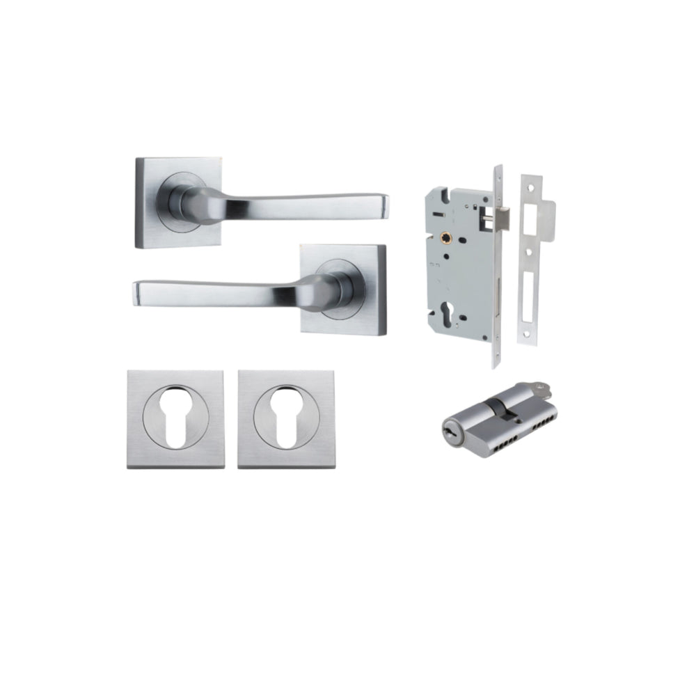 Door Lever Annecy Square Rose Pair Brushed Chrome H52xW52xP65mm Entrance Kit, Mortice Lock Euro Brushed Chrome CTC85mm Backset 60mm, Euro Cylinder Dual Function 5 Pin Brushed Chrome L65mm KA1, Escutcheon Euro Concealed Fix Square Pair Brushed Chro… in Bru
