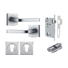 Door Lever Annecy Square Rose Pair Brushed Chrome H52xW52xP65mm Entrance Kit, Mortice Lock Euro Brushed Chrome CTC85mm Backset 60mm, Euro Cylinder Dual Function 5 Pin Brushed Chrome L65mm KA1, Escutcheon Euro Concealed Fix Square Pair Brushed Chro… in Brushed Chrome