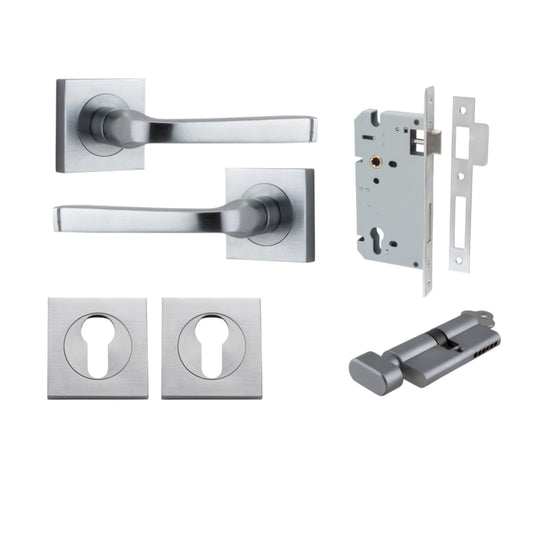 Door Lever Annecy Square Rose Pair Brushed Chrome H52xW52xP65mm Entrance Kit, Mortice Lock Euro Brushed Chrome CTC85mm Backset 60mm, Euro Cylinder Key Thumb 6 Pin Brushed Chrome L70mm KA1, Escutcheon Euro Concealed Fix Square Pair Brushed Chrome H… in Bru